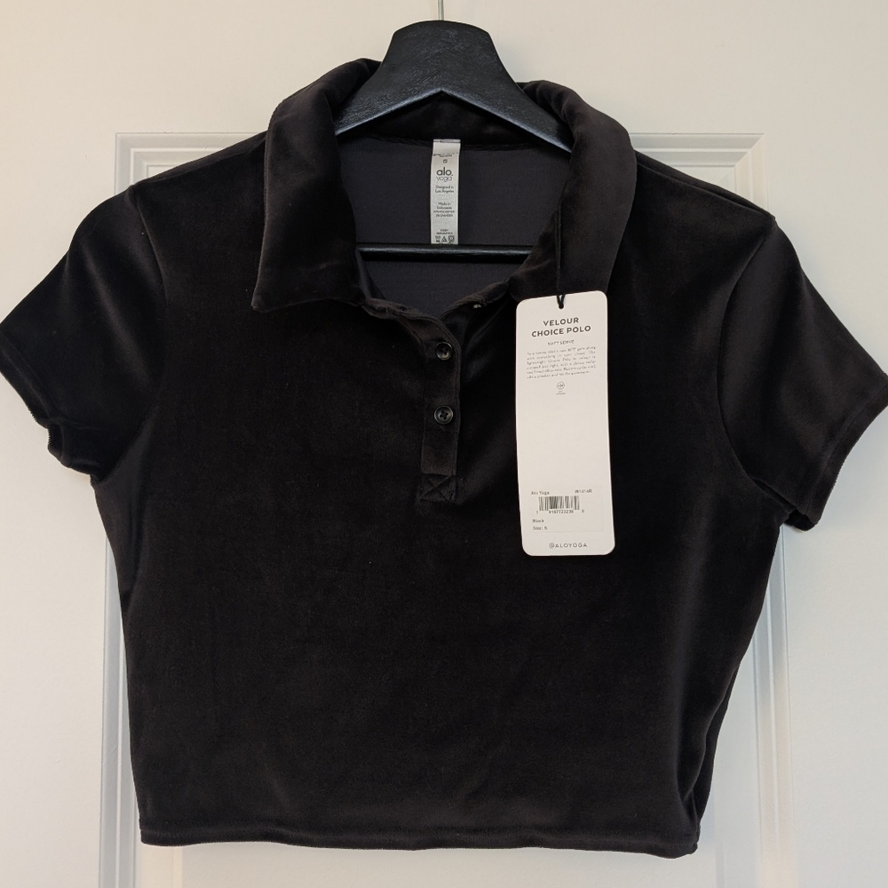 ALO Yoga Velour Choice Polo Black Velvet Polo Crop Top